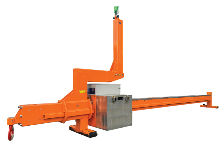 Orange OKTOPUS GGA 1500 counterbalance beam with a vertical suspension arm, a counterweight carriage on the long rear beam and a forward arm ending in a load hook.