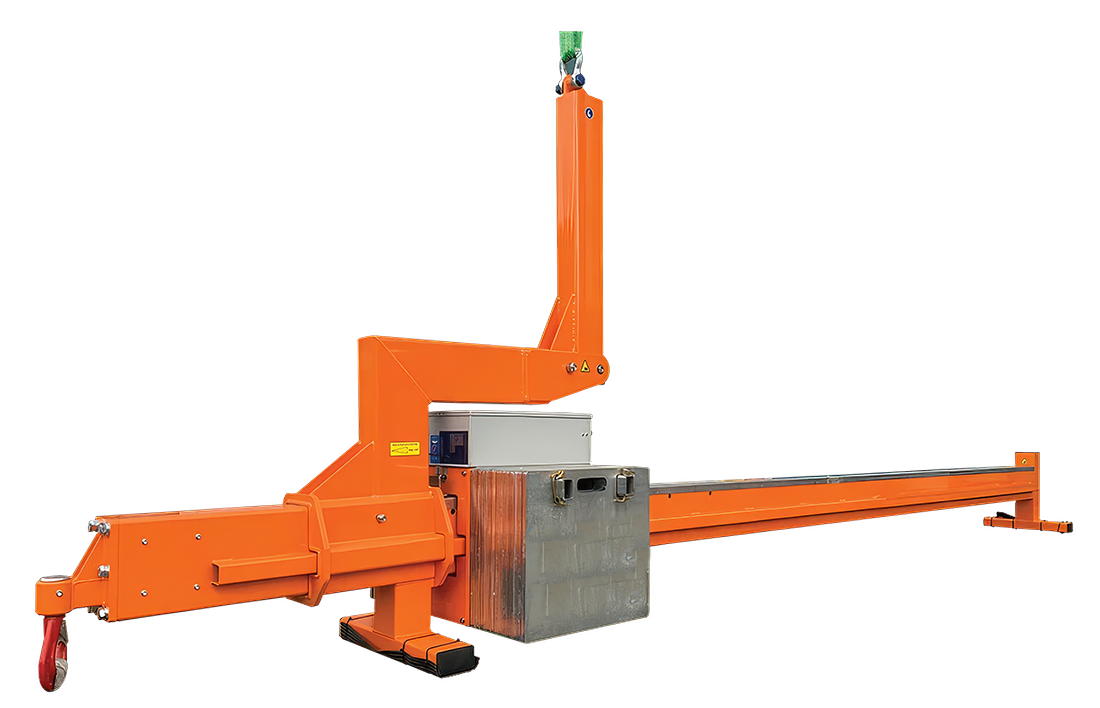Orange OKTOPUS GGA 1500 counterbalance beam with a vertical suspension arm, a counterweight carriage on the long rear beam and a forward arm ending in a load hook.