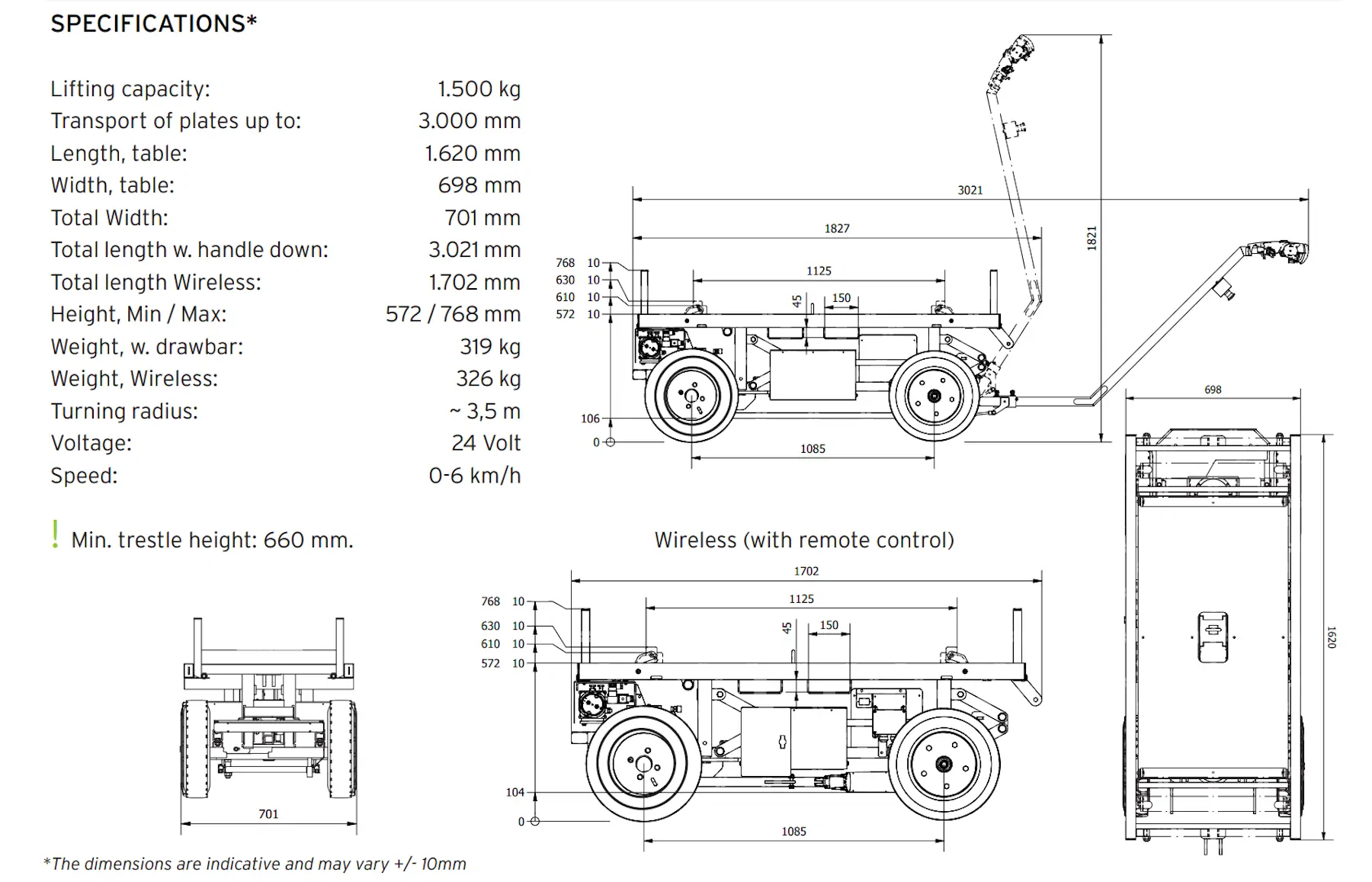 ErgoMover Lift and Go data sheet with a specifications list and plan, side and end dimension drawings of the drawbar cart and the wireless cart.