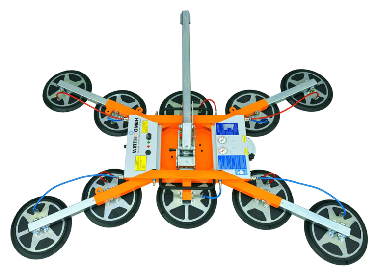 Orange OKTOPUS vacuum glass lifter seen from above, with a central control box with vacuum gauges, a lifting bar and large black suction pads on extended arms.
