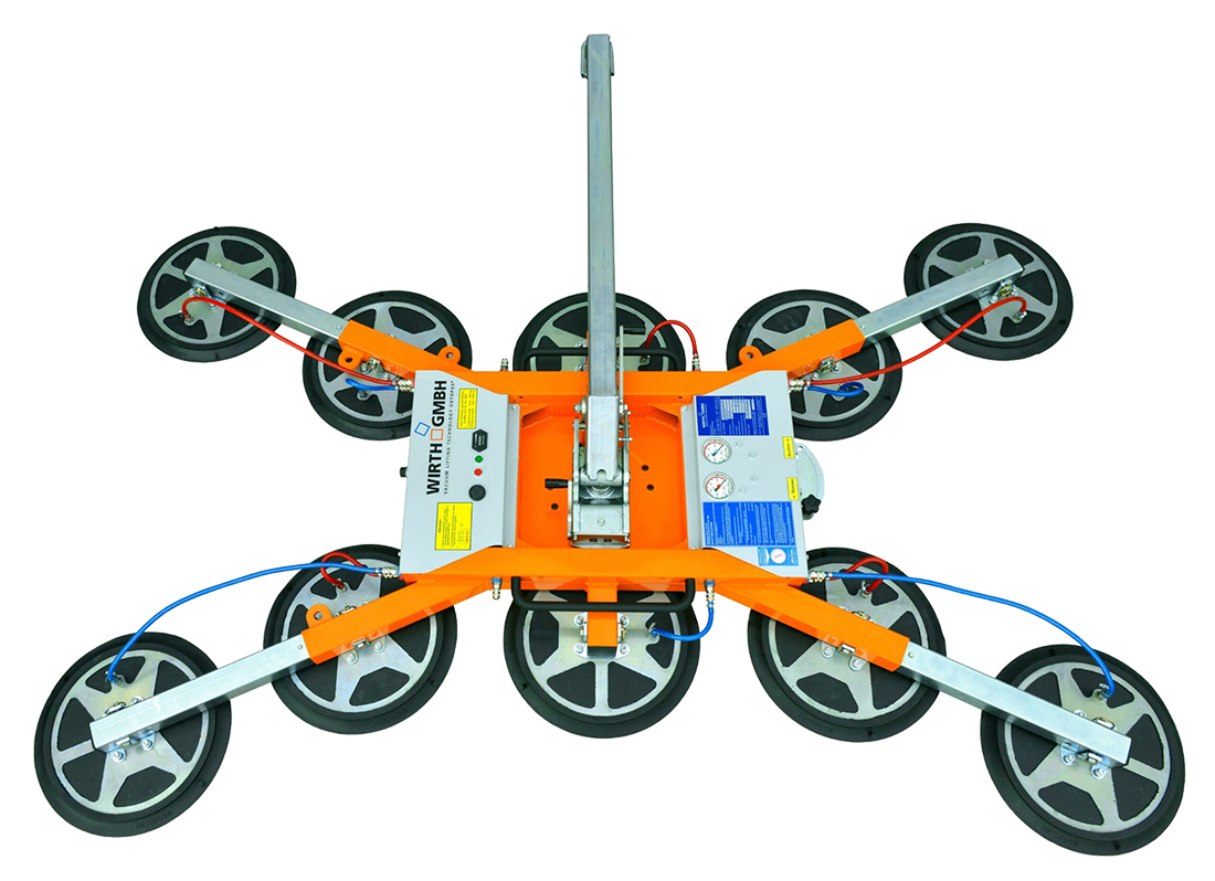 Orange OKTOPUS vacuum glass lifter seen from above, with a central control box with vacuum gauges, a lifting bar and large black suction pads on extended arms.