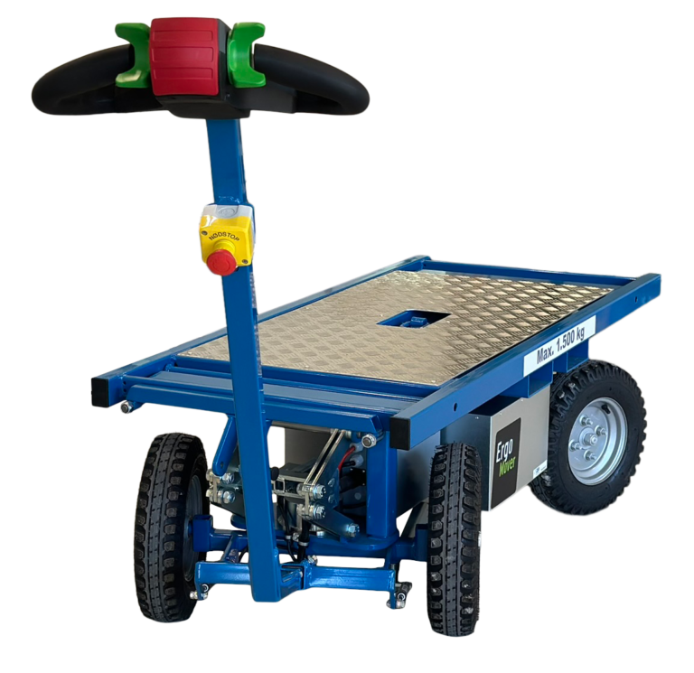 Blue ErgoMover electric transport trolley with a checker-plate deck, a drawbar steering handle with an emergency stop button, and a Max. 1,500 kg label.