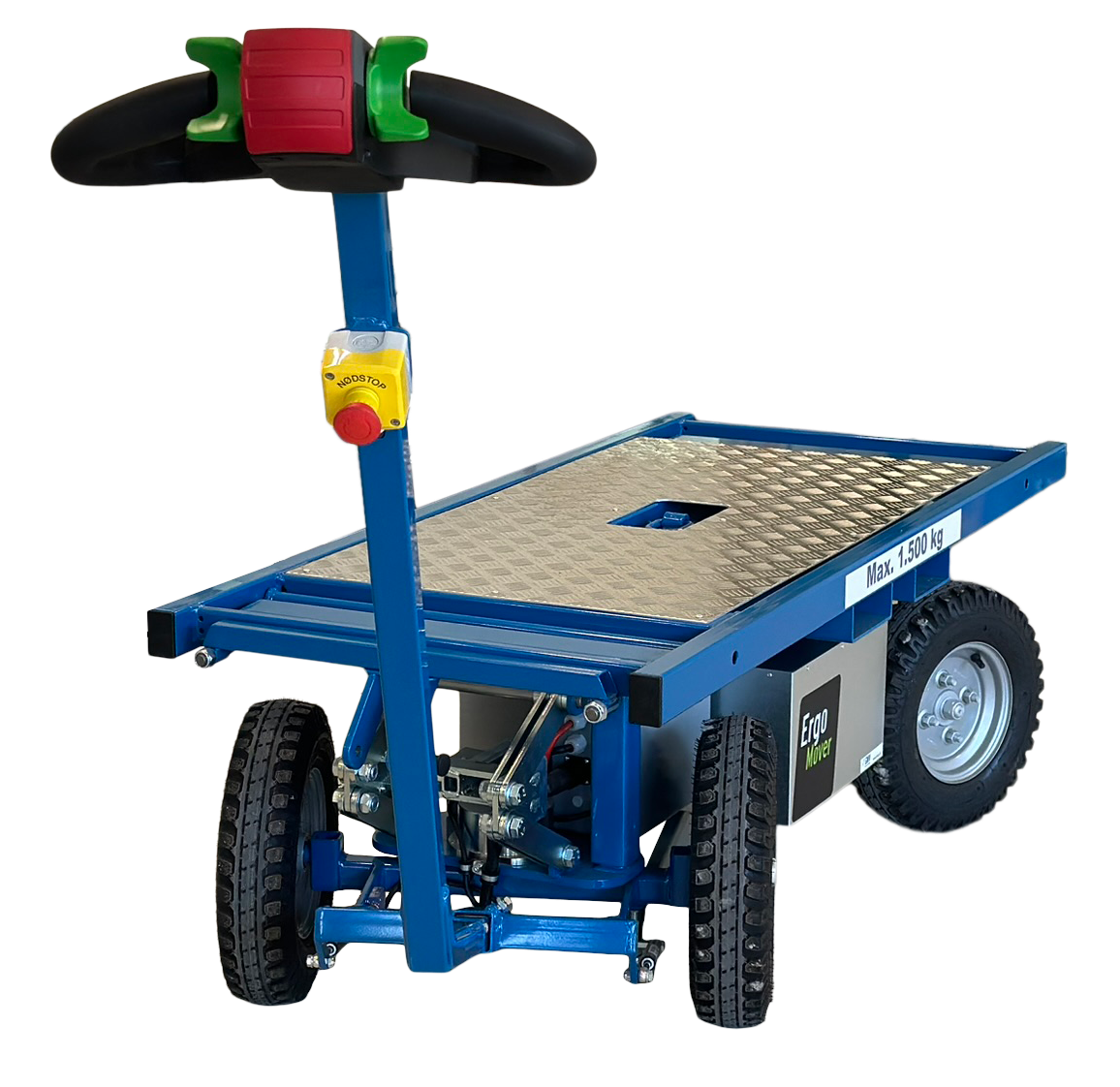 Blue ErgoMover electric transport trolley with a checker-plate deck, a drawbar steering handle with an emergency stop button, and a Max. 1,500 kg label.