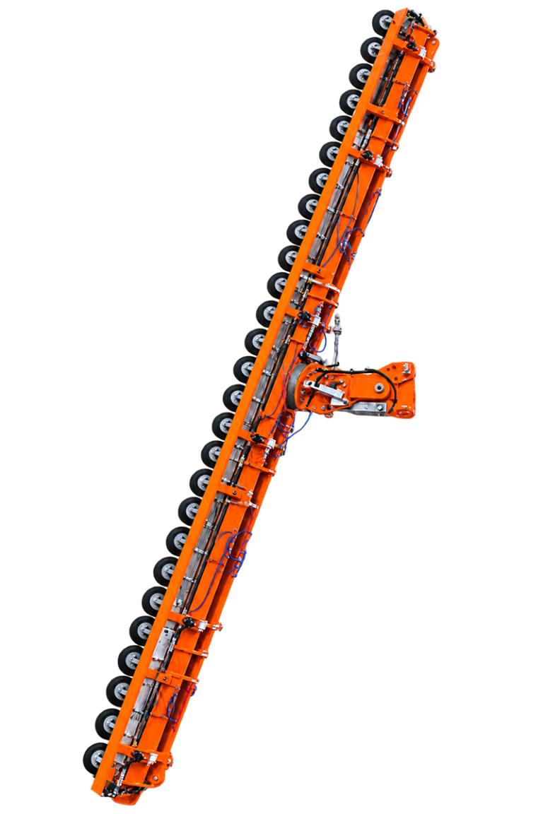 Orange curved-glass lifter beam hanging at an angle, with a row of round black suction pads along one edge and a swivel yoke at the centre.