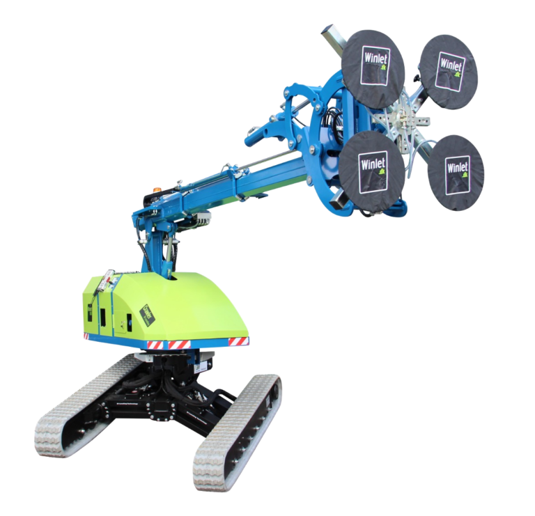 Winlet 1000 Crawler ER tracked glazing robot with a green body, blue extendable arm, four suction cups and black rubber tracks.