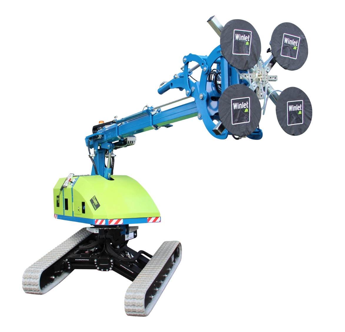Winlet 1000 Crawler ER tracked glazing robot with a green body, blue extendable arm, four suction cups and black rubber tracks.