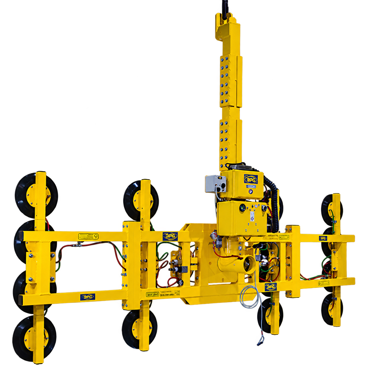 Yellow Wood's Powr-Grip MR1611LDC vacuum lifter with a 16-pad frame, a central control box and a tall suspension bar.