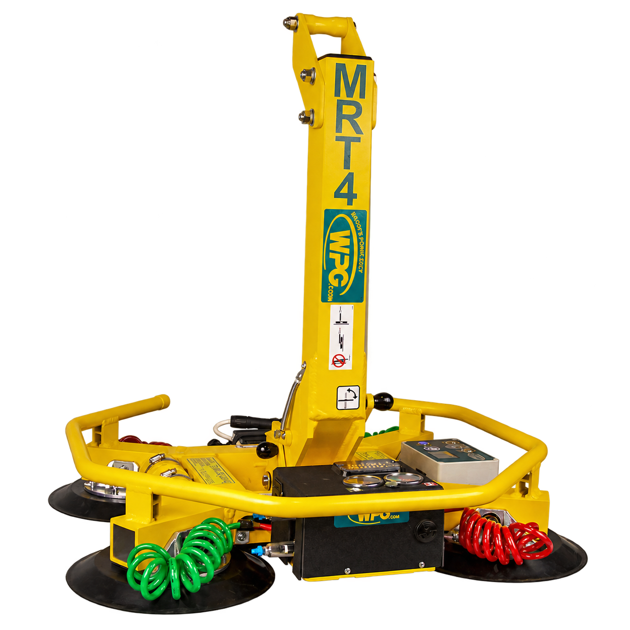 Yellow Wood's Powr-Grip MRT4 vacuum lifter with a tall vertical mast, a tubular guard frame and four black suction pads.