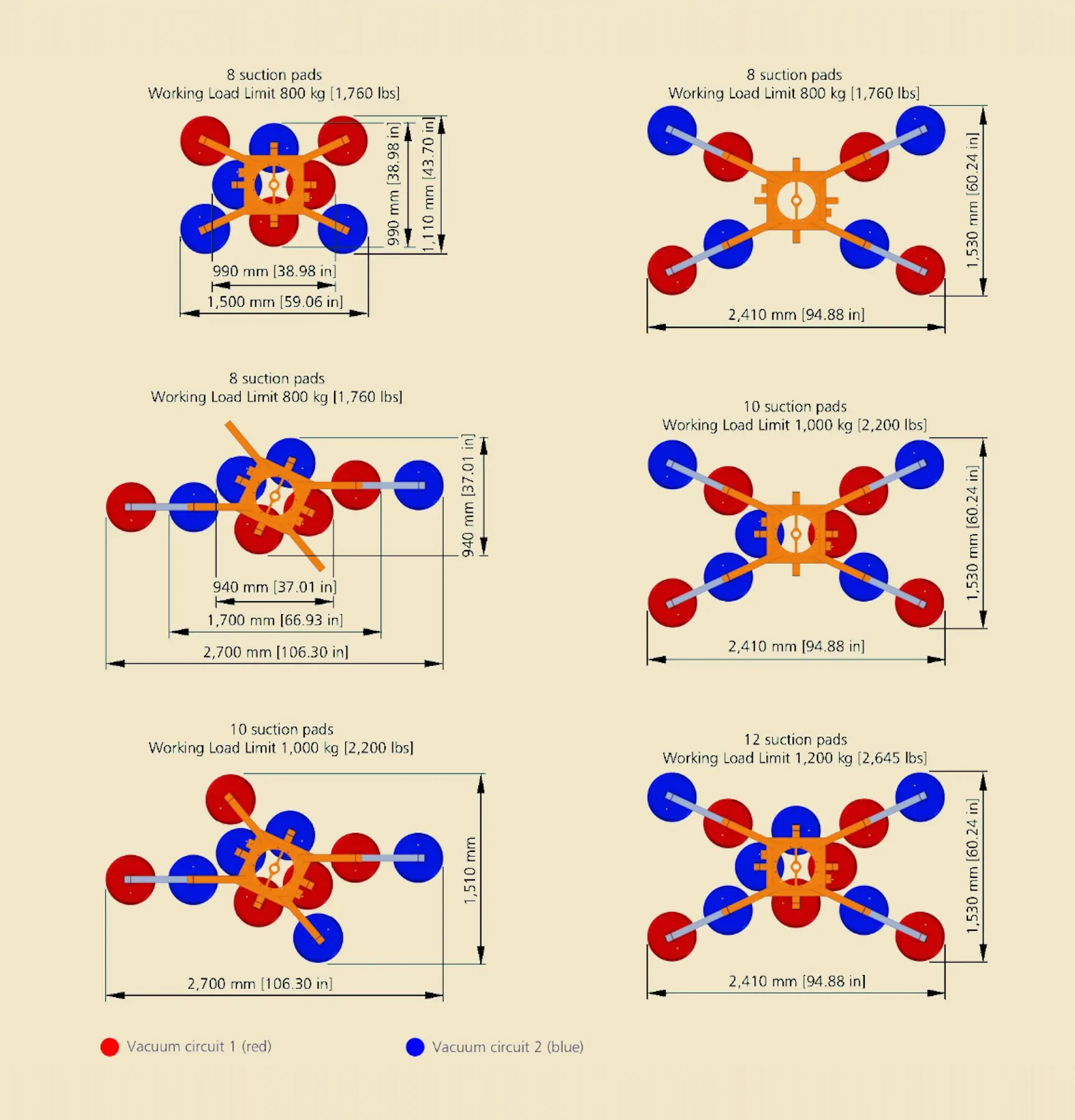 Manufacturer drawings of the 8-, 10- and 12-pad suction frame layouts, each with its working load limit, frame dimensions and the two vacuum circuits marked in red and blue.