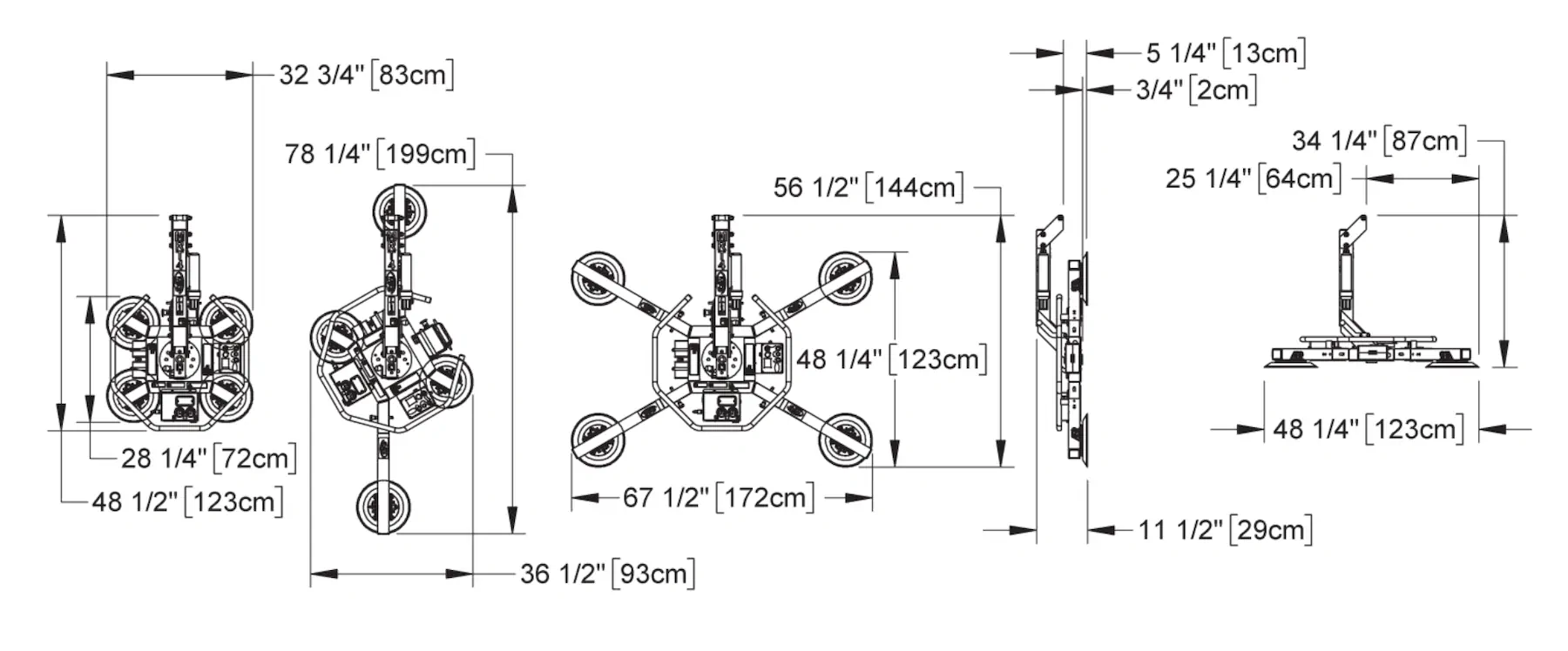 Manufacturer dimension drawings of the MRT4LDC in its basic, linear and extended pad arrangements, with a side view, in inches and centimetres.