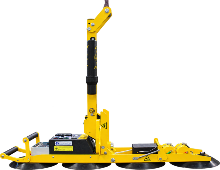 Yellow Wood's Powr-Grip P11104DC inline vacuum lifter lying flat, with four black suction pads in a row, a vertical lift mast and a handle at each end.