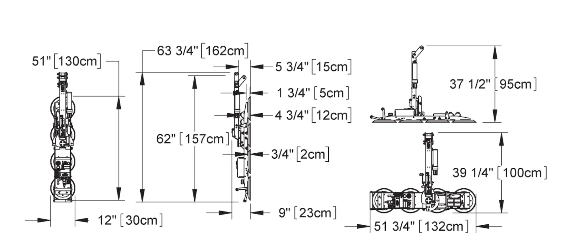 Manufacturer dimension drawings of the P11104DC inline vacuum lifter in its vertical and flat orientations, with sizes in inches and centimetres.