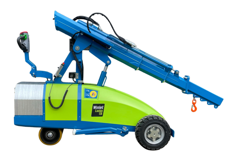 Lasius 1.5t wheeled mini crane in profile, with a green body, blue raised boom, counterweight block and power-assisted steering handle.