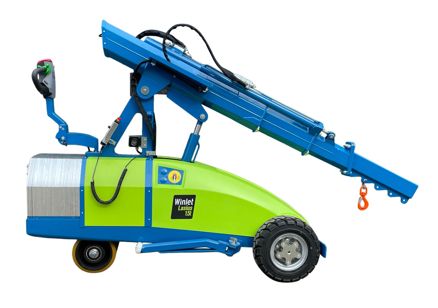 Lasius 1.5t wheeled mini crane in profile, with a green body, blue raised boom, counterweight block and power-assisted steering handle.