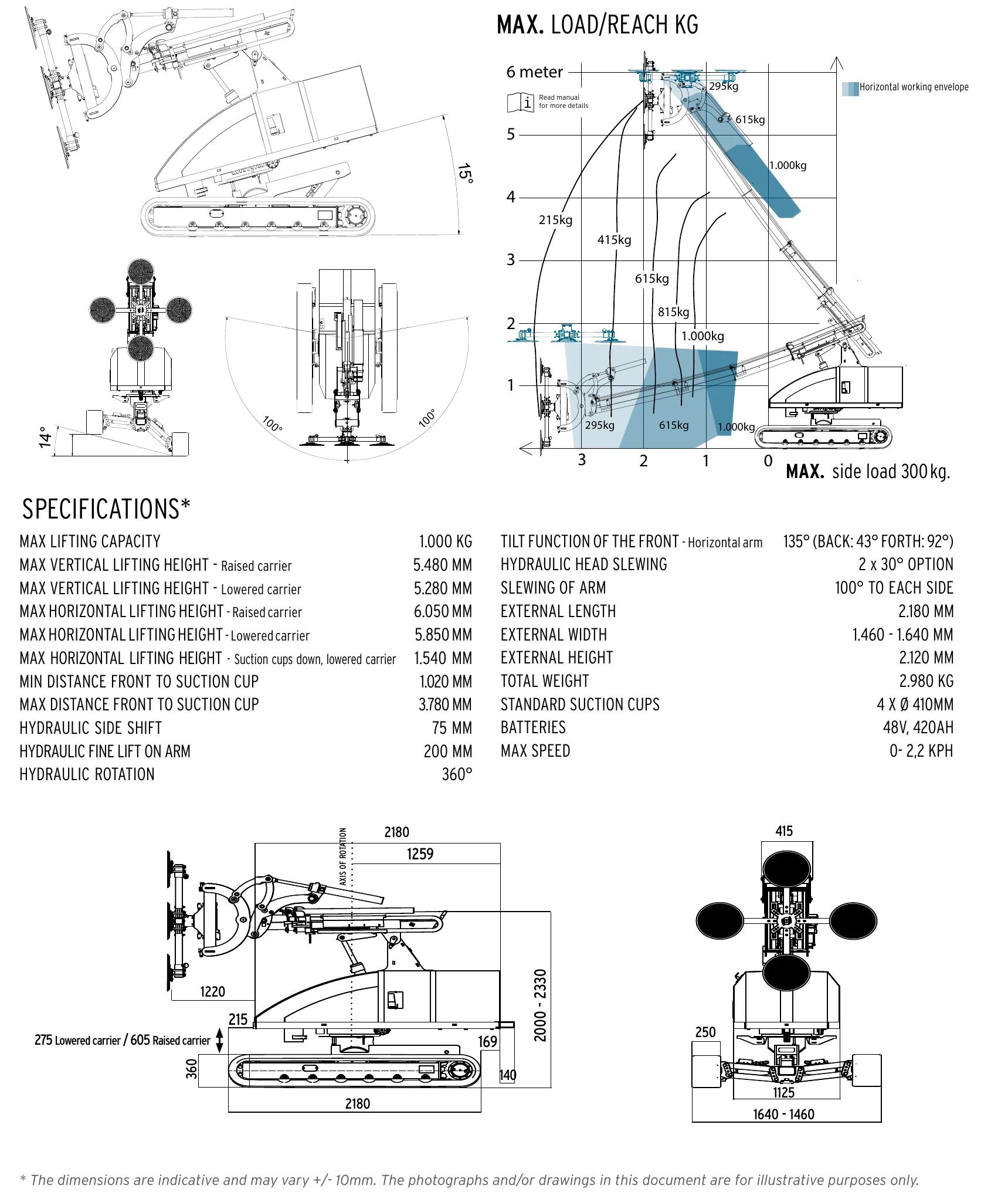 Winlet 1000 Crawler ER data sheet showing the load and reach diagram on a metre grid, the 15° and 14° levelling views, the specification list and side and front dimension drawings.